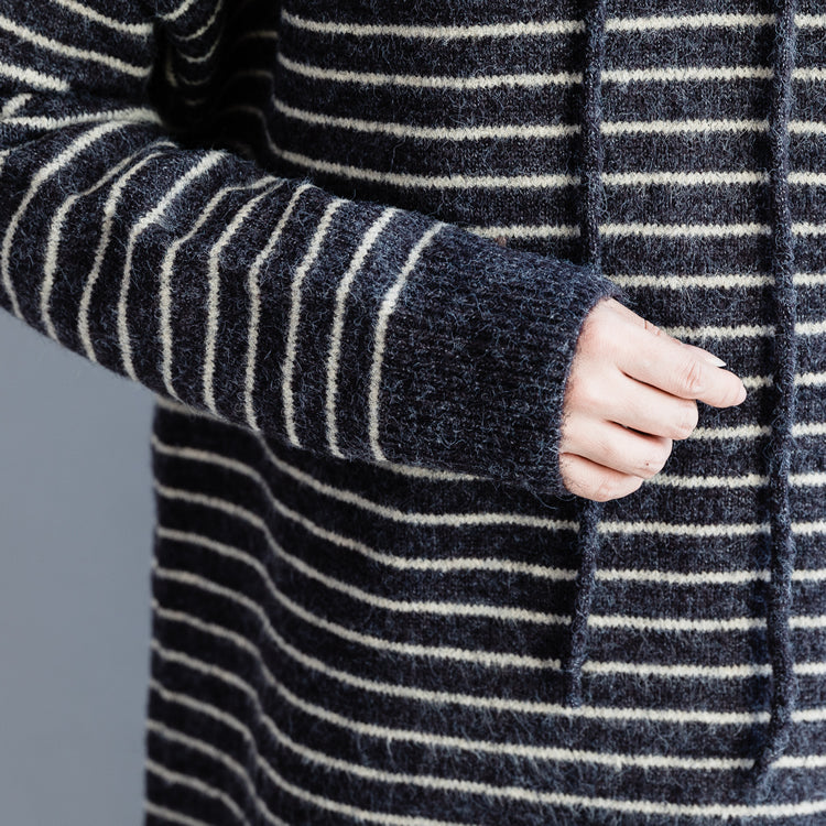 Sweater Knit Top Pattern Moda Hooded Gray Striped Mujer Knit Dress