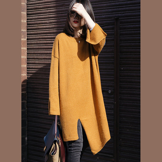 Sweater Weather Street Style O Neck Spring Yellow Ugly Knit Dress Side Open