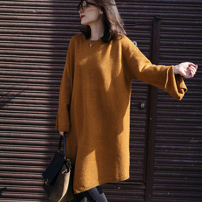 Sweater Weather Street Style O Neck Spring Yellow Ugly Knit Dress Side Open