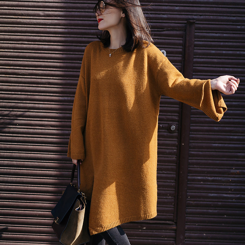 Sweater Weather Street Style O Neck Spring Yellow Ugly Knit Dress Side Open
