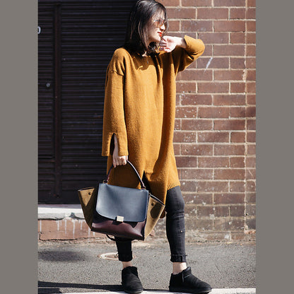 Sweater Weather Street Style O Neck Spring Yellow Ugly Knit Dress Side Open