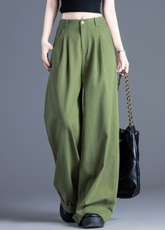 Tea Green Elastic Waist Cotton Wide Leg Pants Spring