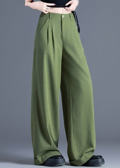Tea Green Elastic Waist Cotton Wide Leg Pants Spring