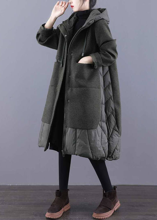 Tea Green Hooded Patchwork Woolen Winter Coat