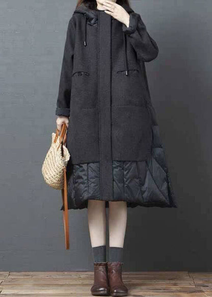 Tea Green Hooded Patchwork Woolen Winter Coat