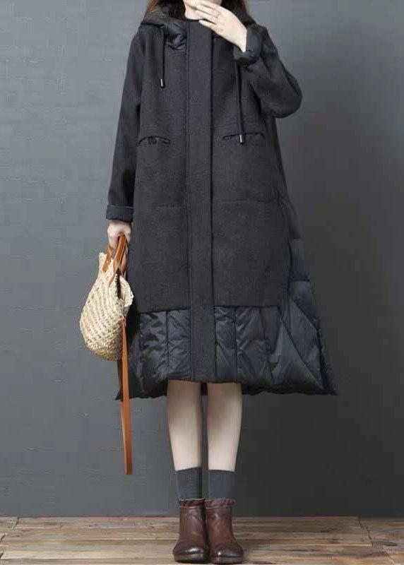 Tea Green Hooded Patchwork Woolen Winter Coat