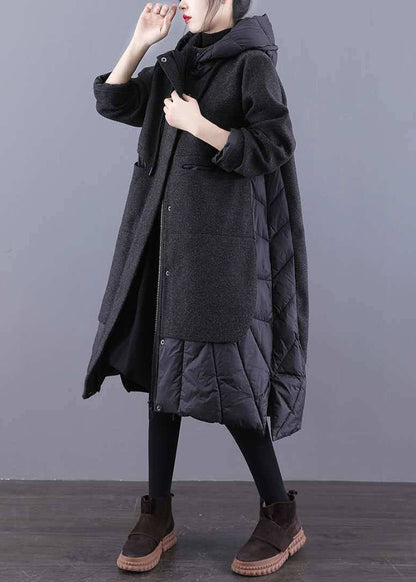 Tea Green Hooded Patchwork Woolen Winter Coat