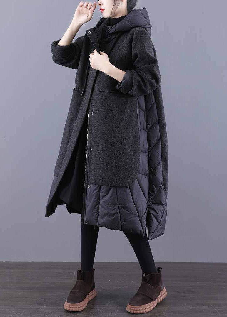 Tea Green Hooded Patchwork Woolen Winter Coat