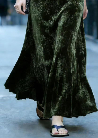 Tea Green Oversized Jacquard Silk Velvet Skirts Spring