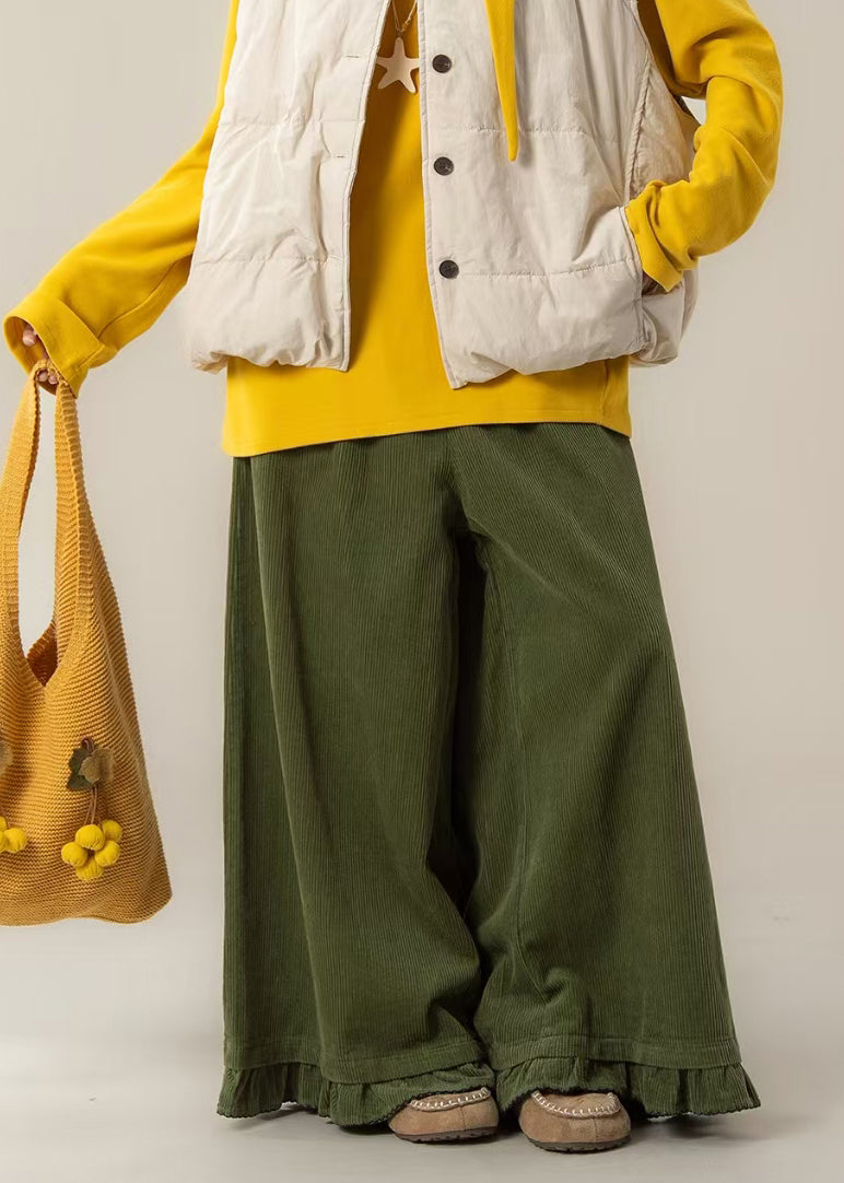 Tea Green Oversized Ruffled Corduroy Wide Leg Pants Spring