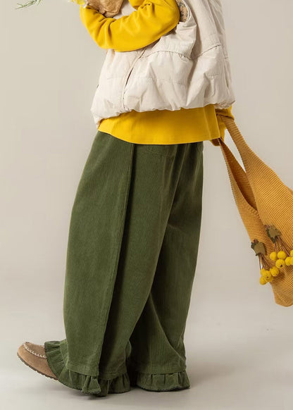 Tea Green Oversized Ruffled Corduroy Wide Leg Pants Spring