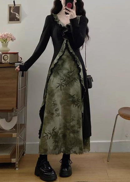 Tea Green Ruffled Patchwork Bamboo Print Cotton Dress Fall