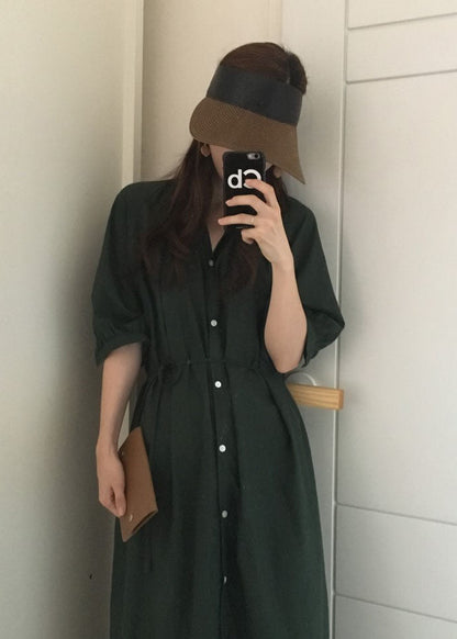 Tea Green Side Open Cotton Shirt Long Dress Half Sleeve