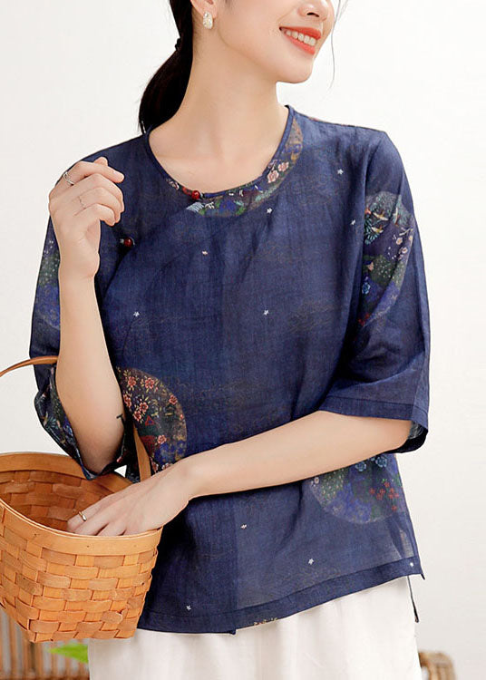 Tibetan Blue Button O-neck Print Linen Shirt Tops Half Sleeve