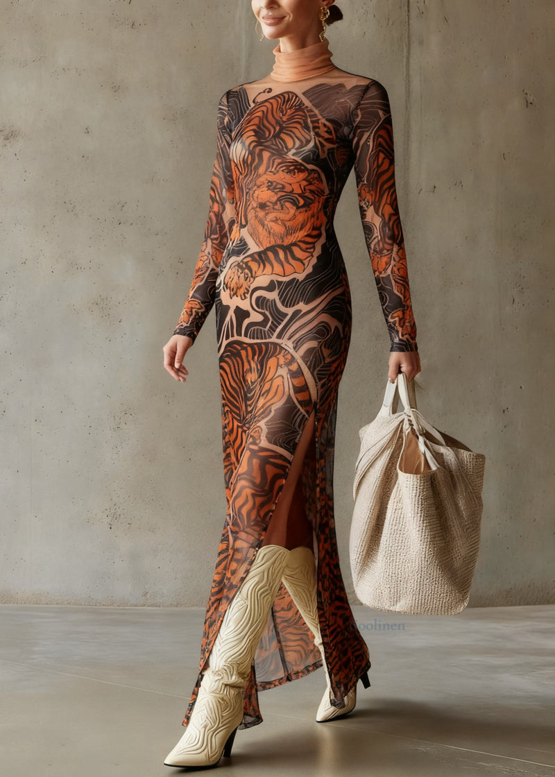 Tiger Print Side Open Tulle Long Dresses Spring