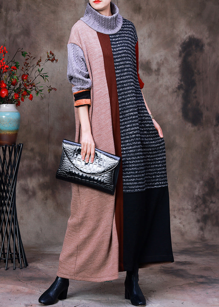 Turtleneck Striped Patchwork Knit Long Sweater Dress Long Sleeve
