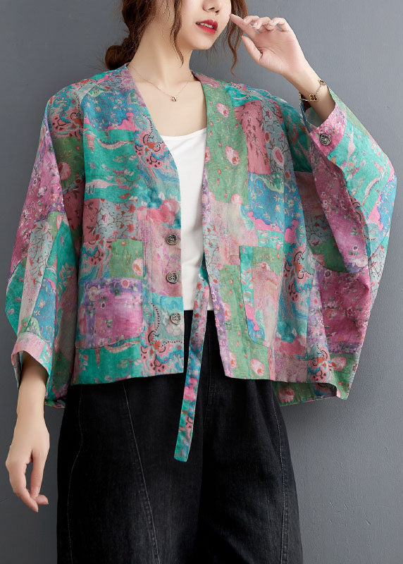 V Neck Button Pockets Print Fall Coats Long Sleeve