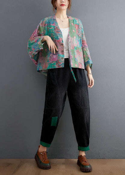V Neck Button Pockets Print Fall Coats Long Sleeve