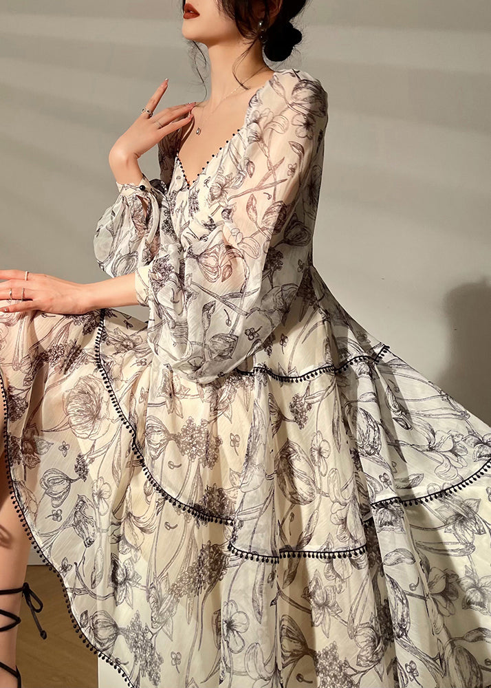 V Neck Print Chiffon Mid Dress Lantern Sleeve