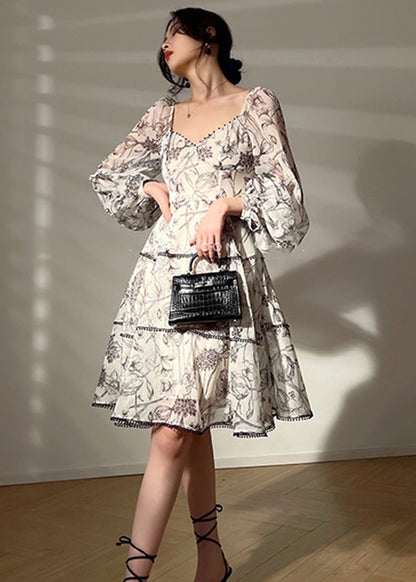 V Neck Print Chiffon Mid Dress Lantern Sleeve