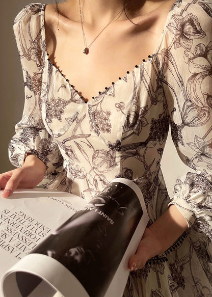 V Neck Print Chiffon Mid Dress Lantern Sleeve