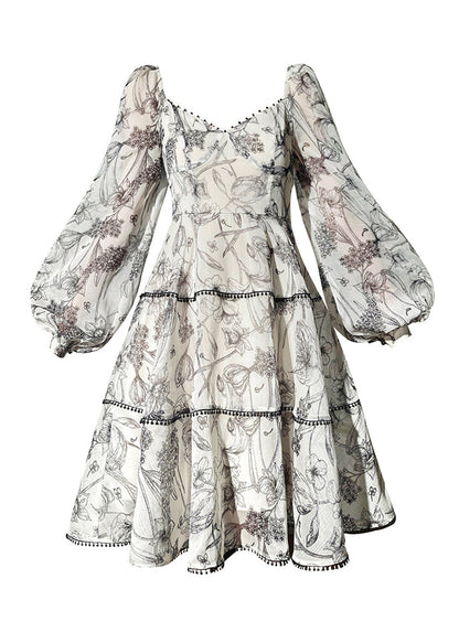 V Neck Print Chiffon Mid Dress Lantern Sleeve
