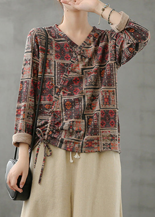V Neck Print Drawstring Top Spring