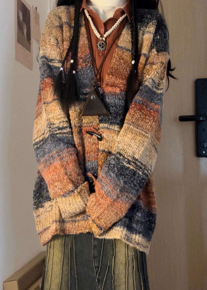V Neck Print Knitted Cotton Thread Cardigans Long Sleeve