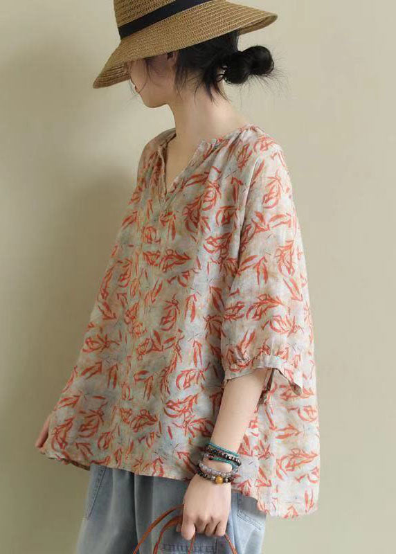 V Neck Print Loose Fall Shirt Half Sleeve