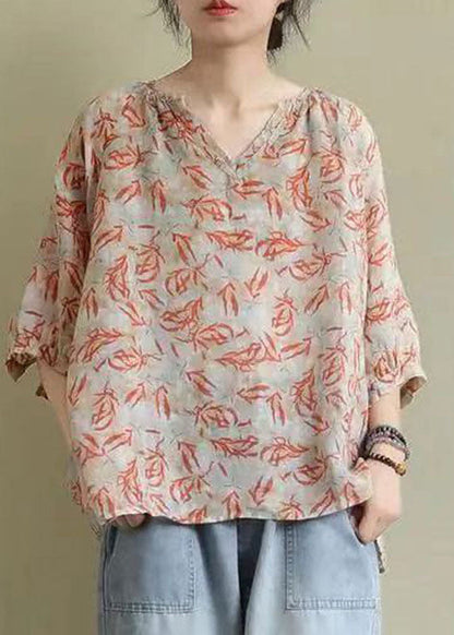 V Neck Print Loose Fall Shirt Half Sleeve