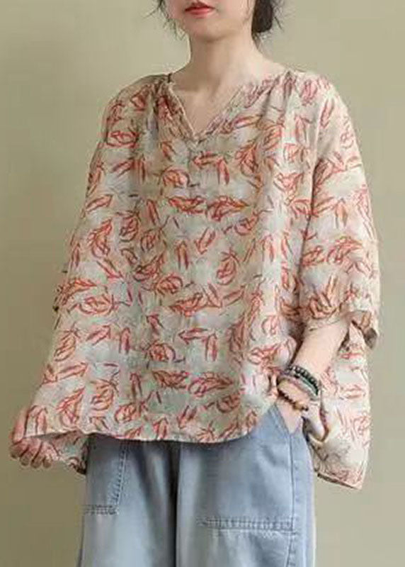 V Neck Print Loose Fall Shirt Half Sleeve