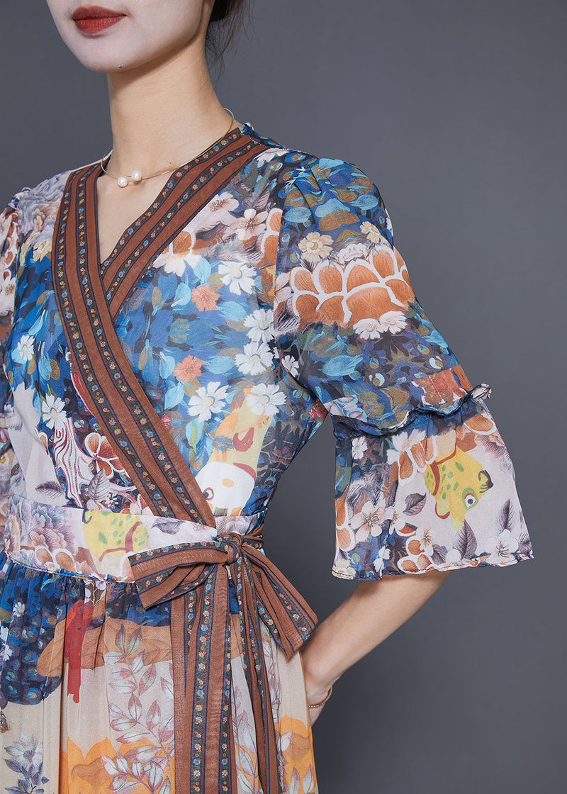 V Neck Print Tie Waist Chiffon Dress Summer