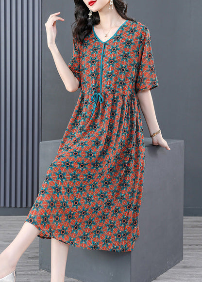 V Neck Print Wrinkled Tie Waist Long Dresses Summer