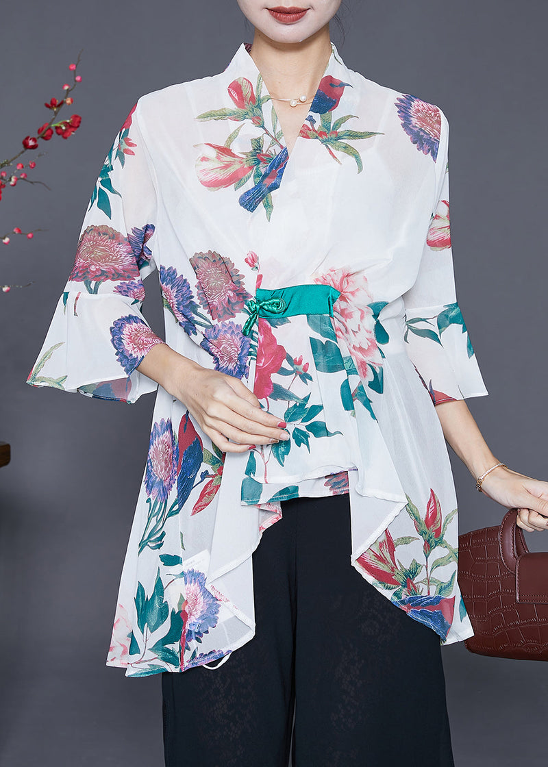 White Asymmetrical Print Chiffon Shirts Flare Sleeve