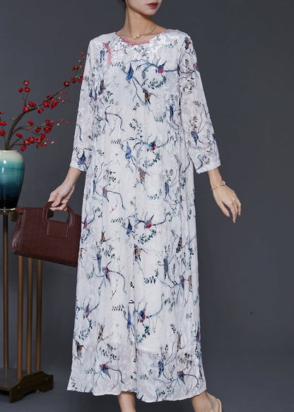 White Chinese Button Print Silk Velvet Dress Spring