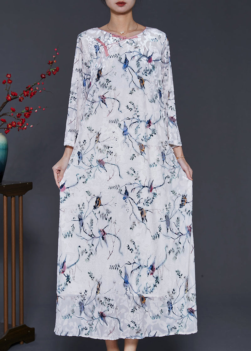 White Chinese Button Print Silk Velvet Dress Spring