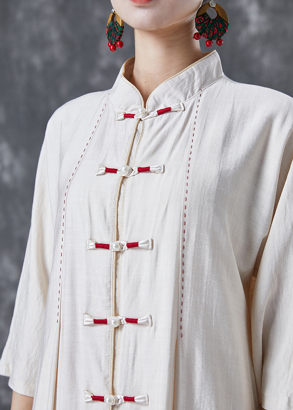 White Chinese Button Side Open Cotton Trench Bracelet Sleeve