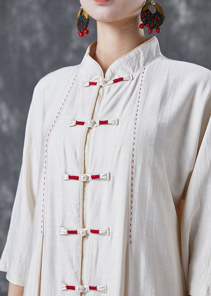 White Chinese Button Side Open Cotton Trench Bracelet Sleeve