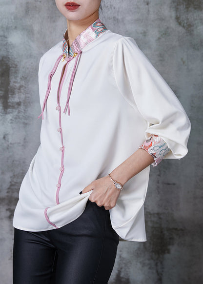 Vintage White Embroidered Chiffon Oriental Shirt Spring