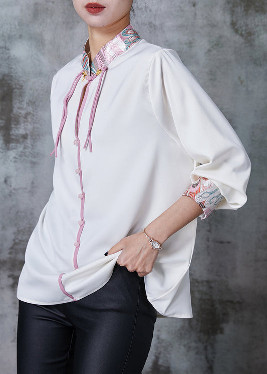 Vintage White Embroidered Chiffon Oriental Shirt Spring