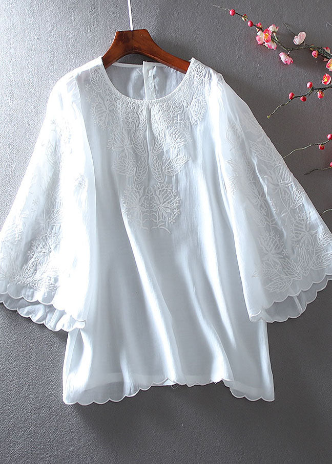 White Embroidered Chiffon Shirt Tops Summer