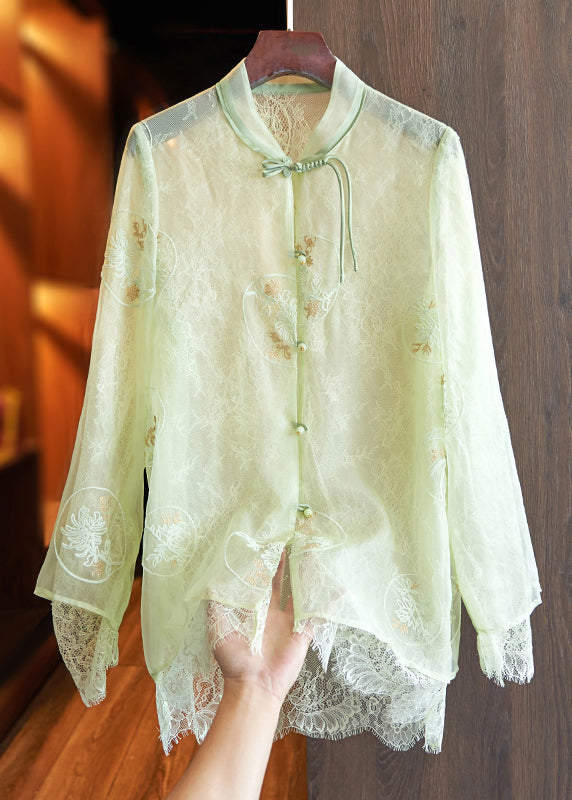 Vintage White Embroidered Lace Patchwork Silk Shirts Top Spring