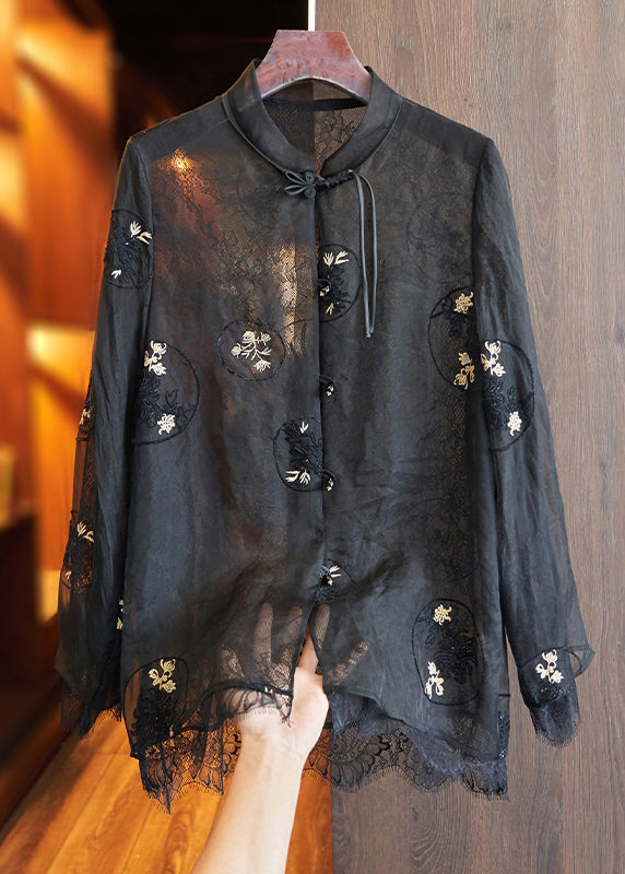 Vintage White Embroidered Lace Patchwork Silk Shirts Top Spring