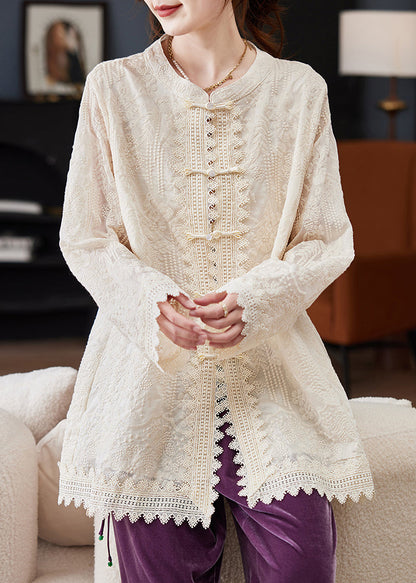 Vintage White Embroidered Oriental Button Cotton Shirt Tops Spring
