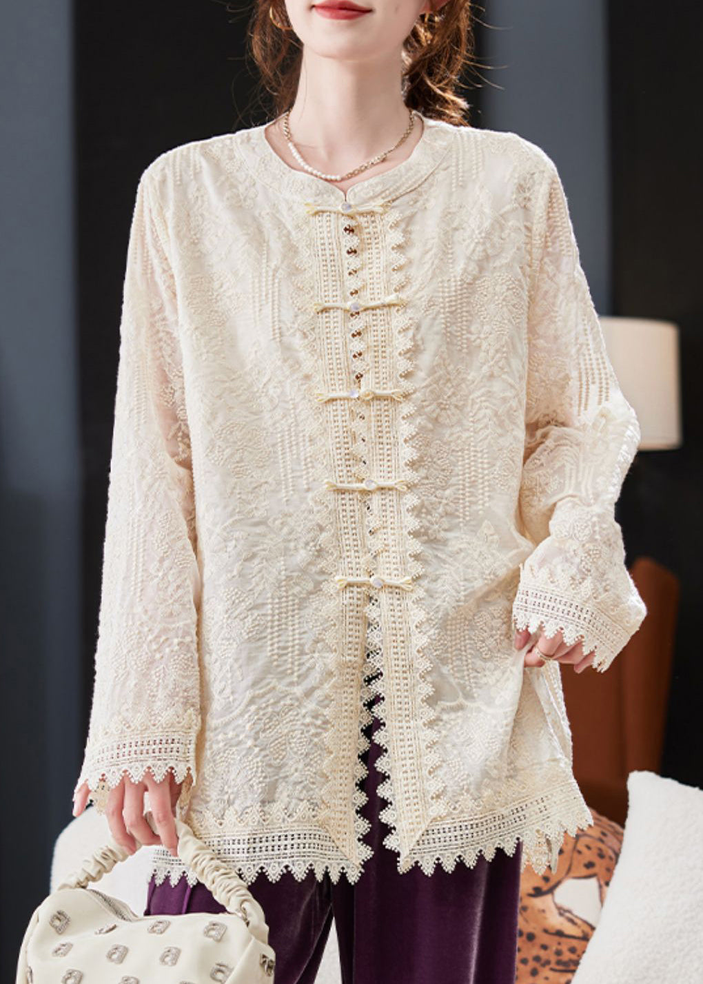 Vintage White Embroidered Oriental Button Cotton Shirt Tops Spring