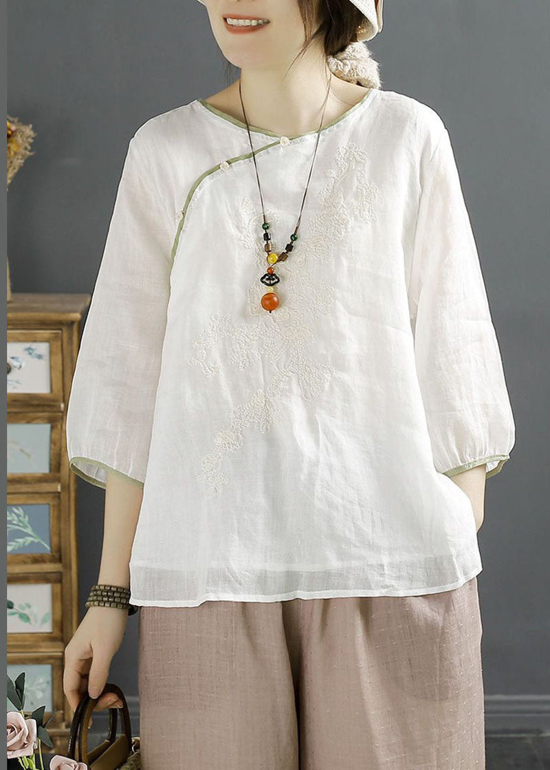 White Embroideried Chinese Button Patchwork Linen Shirt Top Summer