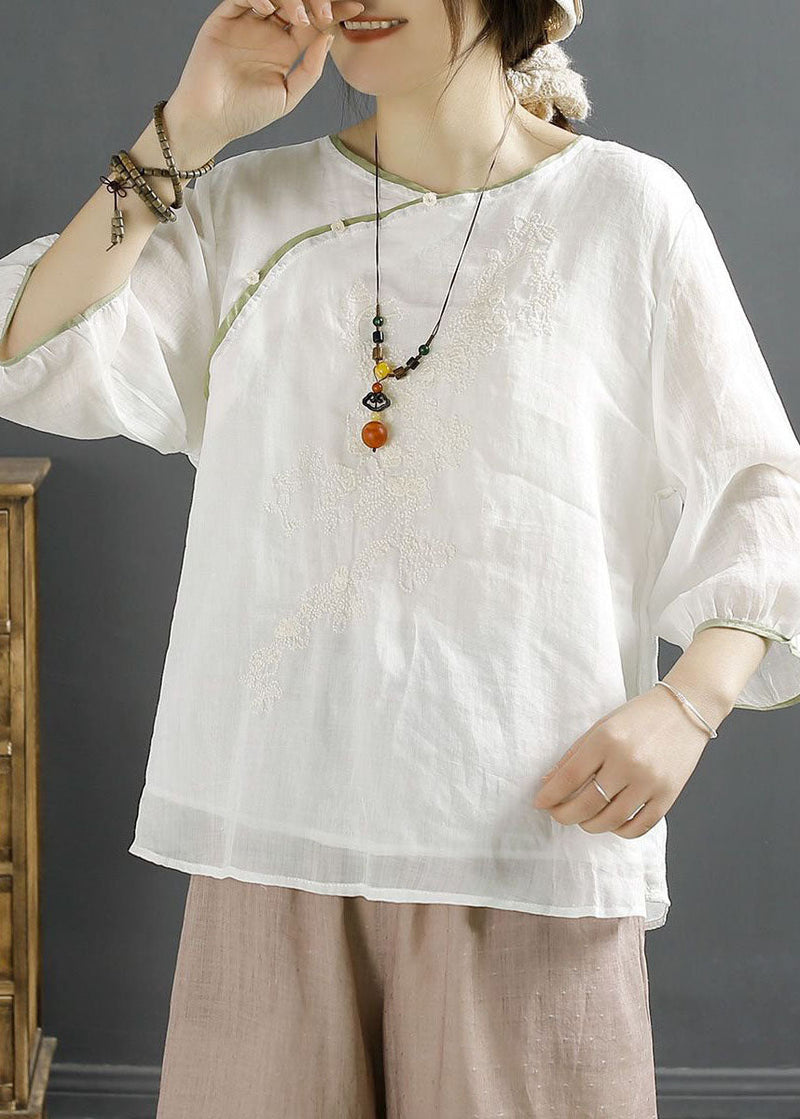 White Embroideried Chinese Button Patchwork Linen Shirt Top Summer