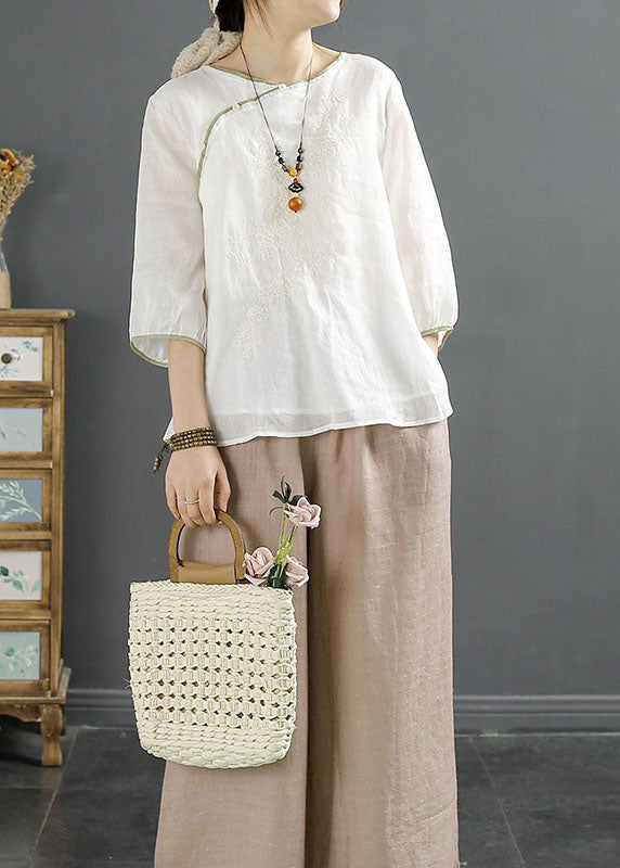 White Embroideried Chinese Button Patchwork Linen Shirt Top Summer