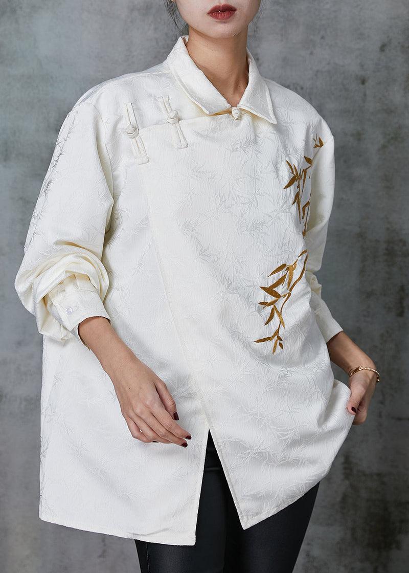 White Embroideried Chinese Button Silk Top Spring