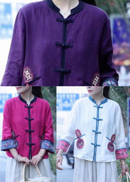 Vintage White Embroideried Linen Tops Long Sleeve